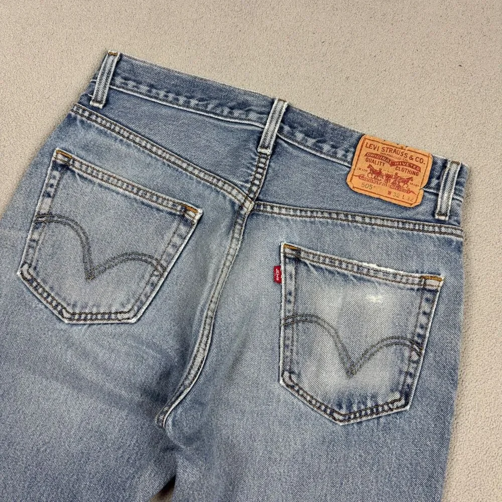 Levis 505 Jeans 32x32 Men's Regular Fit Light Wash Distressed Faded Denim